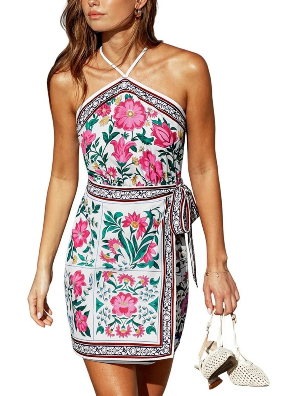 Floral Halter Crisscross Backless Mini Dress | Smocked Wrap Style for Summer Fun
